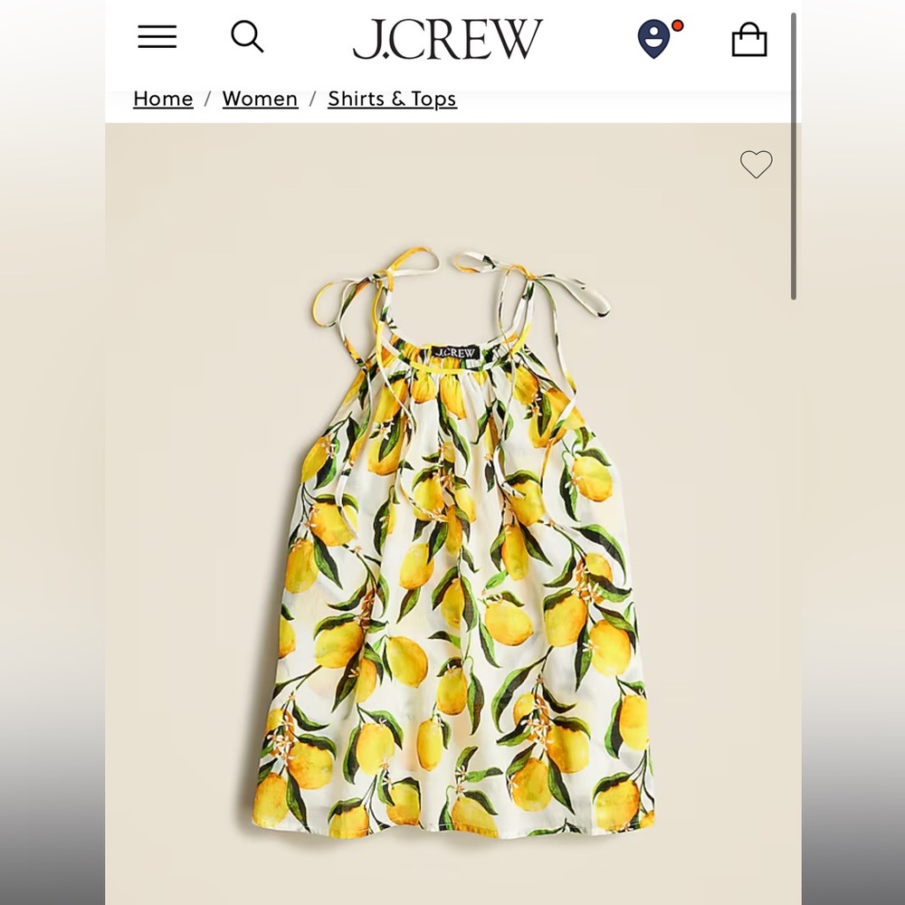 J. Crew Lemon Print Tie-Strap Tank Top in Yellow and Green on Cream